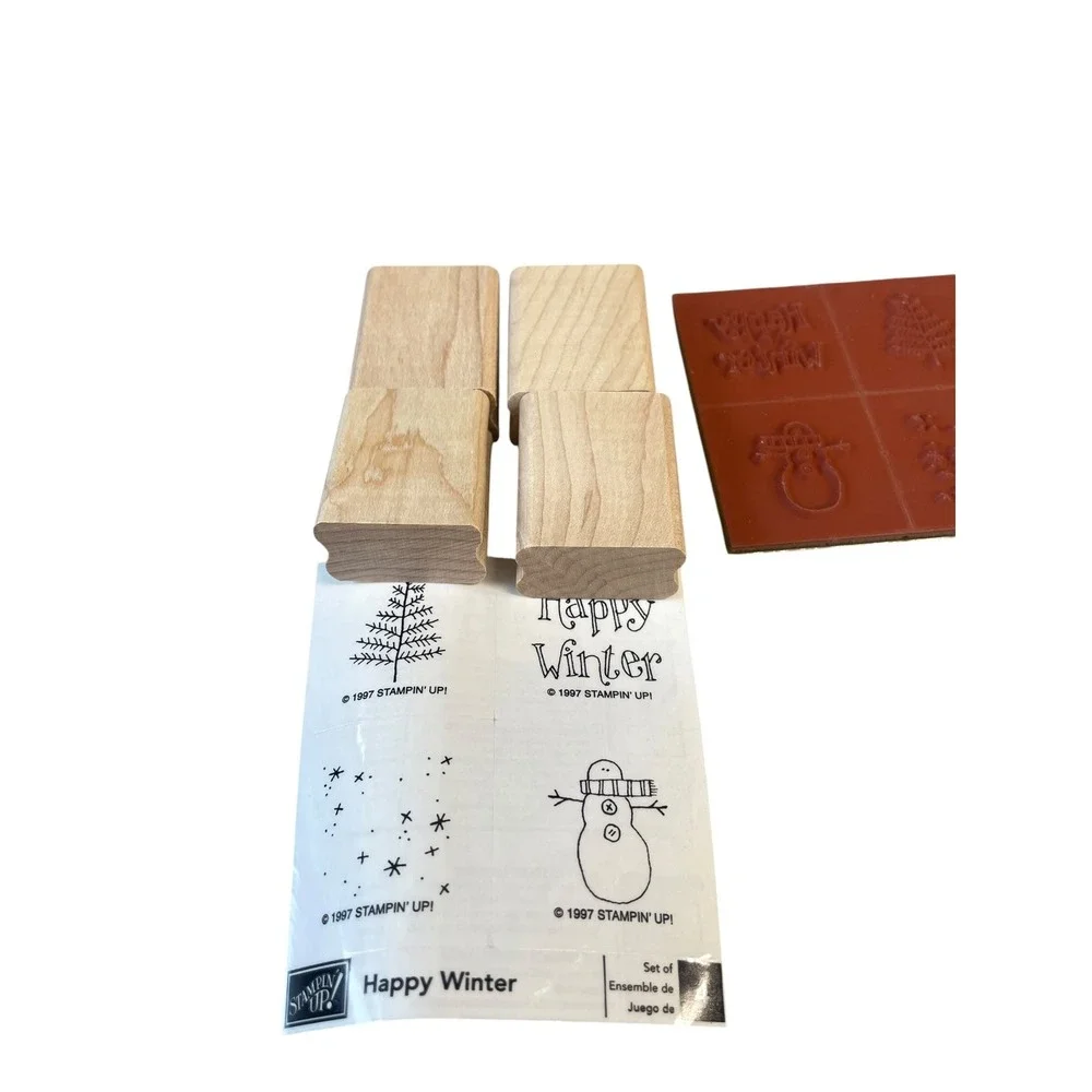 Stampin Up Stamp Set Unisex OS Red Happy Winter Wood Mount Snowman 1997 Retired